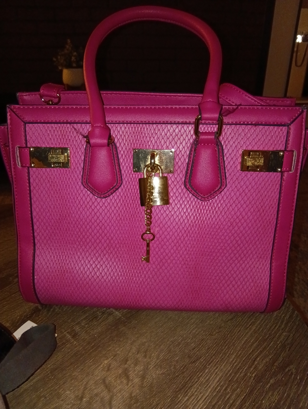 ALDO Hot Pink Structured Top Handle Satchel Bag Gold Lock & Key Accent | Fuchsia